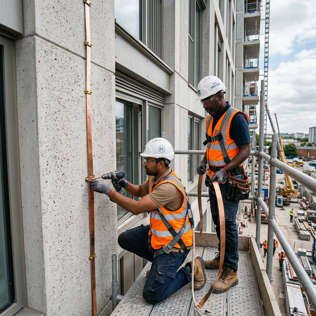 Engineers installing lightning and earthing protection standards